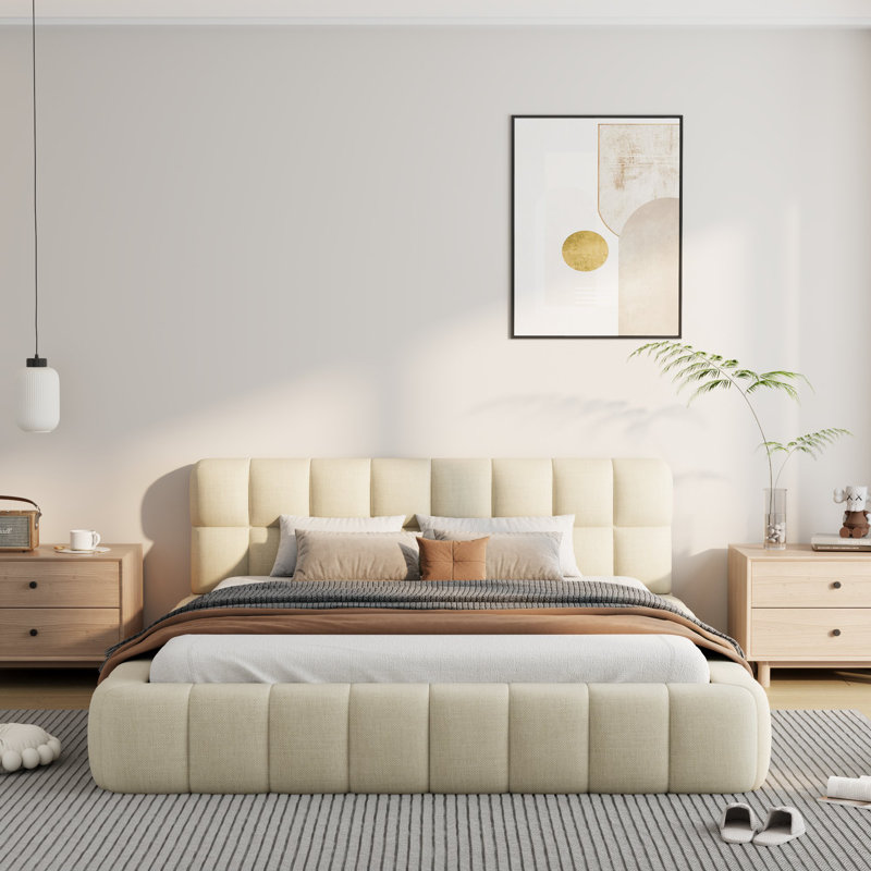 Lit plateforme en lin avec tête de lit rembourrée Katence, Beige, Grand