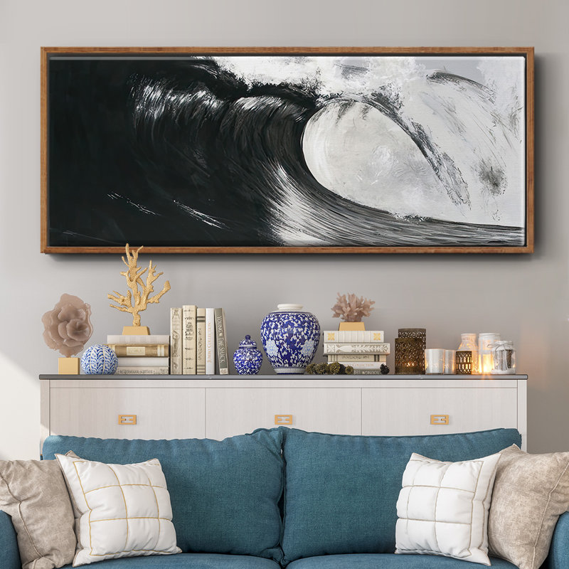 «Black & White Waves III», toile encadrée 2838521WC, H 20 po x l 50 po x P 1,5 po, Noyer