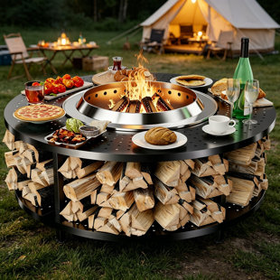 41" Fire Pit Surround Tabletop Powder-Coated Steel with Wood Storage Shelf
