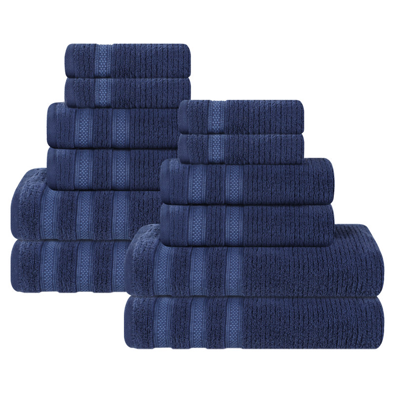 Orletta Zero Twist Cotton Ribbed Modern Geometric Border Soft Highly-Absorbent Assorted 12 Piece Bathroom Towel Set
