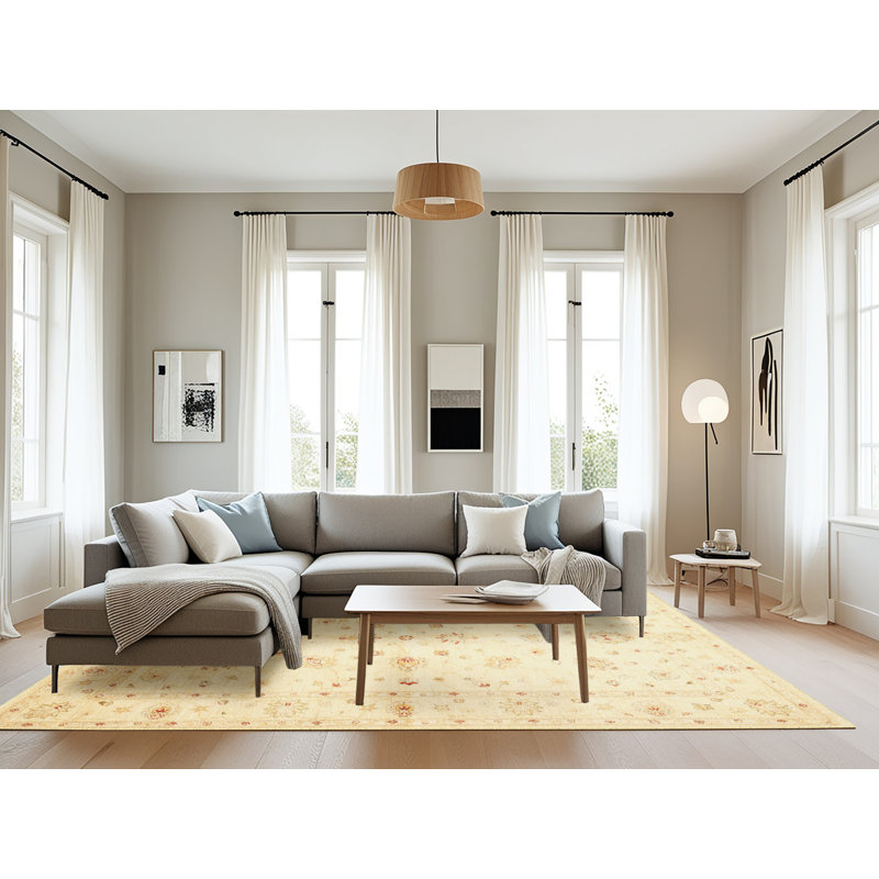 Tapis traditionnel jaune / beige Yahou, Rectangle 8 pi x 12 pi