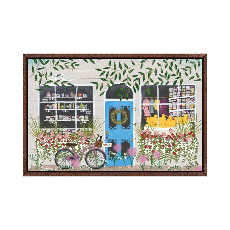 SoapShop Storefront by Joy Laforme - Painting on Canvas, 101.6cm H x 152.4cm W x 3.81cm D, Brown Framed