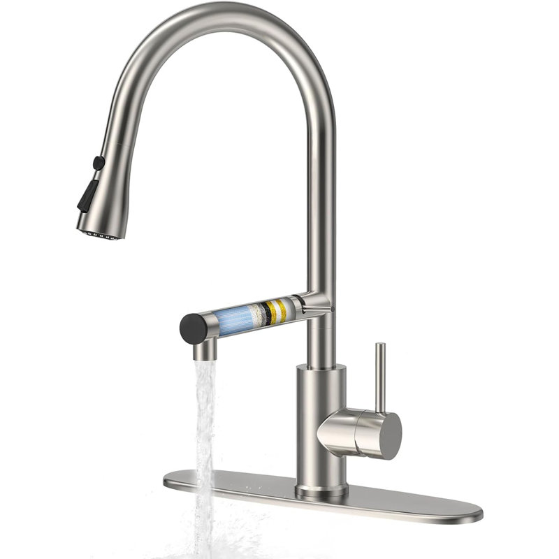 Brushed Nickel Stainless Steel Kitchen Faucet with Pull-Down Sprayer