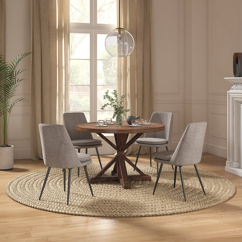 Ceri Rustic X-Base 48" Round Dining Table Set - Table And 4 Dark Gray Velvet Chairs, Dark Brown