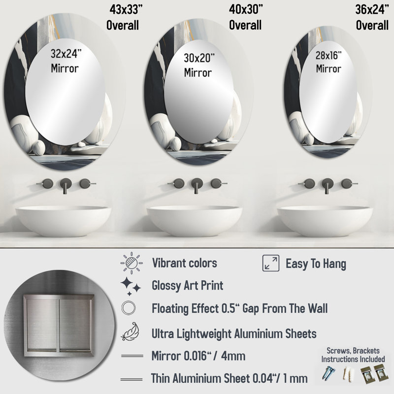 Abstrait marbre formes I - grand miroir mural ovale sur métal, 36 po x 24 po