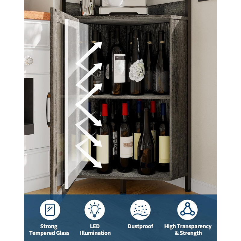 Armoire de bar d'angle avec lumières DEL et prise de courant - Support à vin autoportant avec porte en verre, Noir