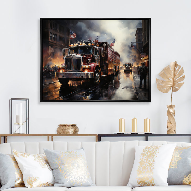 Fire Truck I, reproduction d'art sur toile, H 16 po x l 32 po x P 1 po, Cadre flottant noir