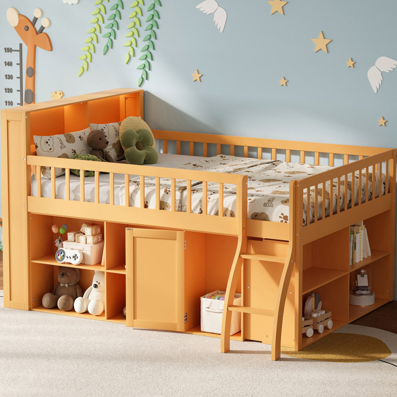 Lit mezzanine avec rangement, tête de lit avec lumière DEL, Full, Naturel