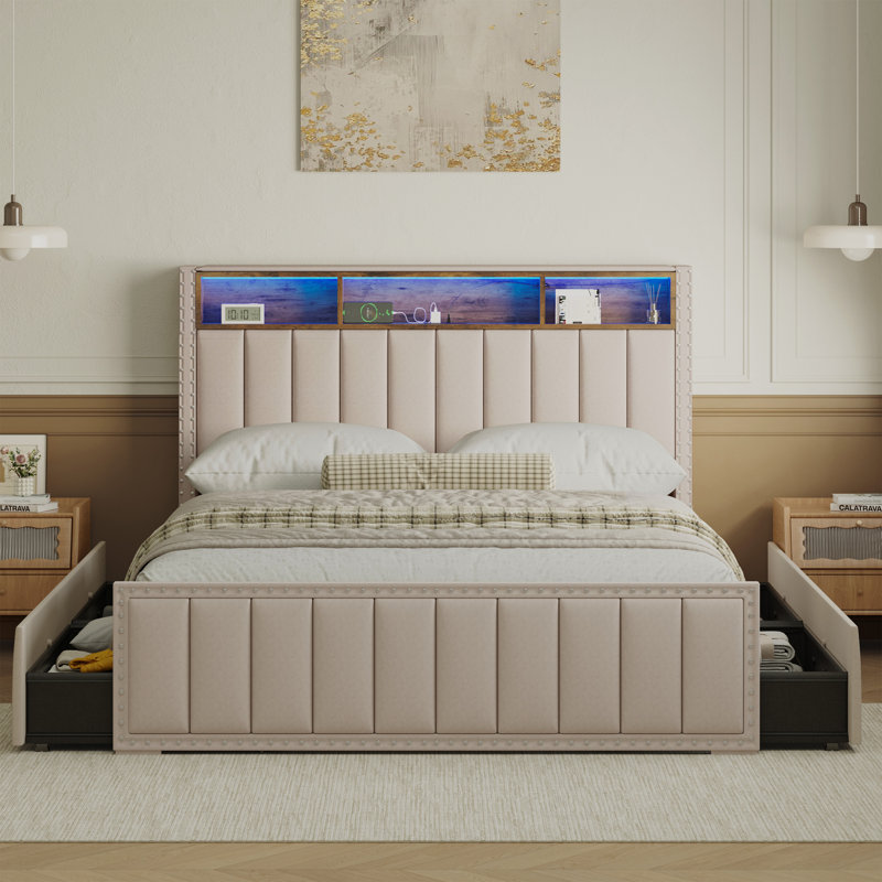 Upholstered Platform Bed Frame with Charging Station, 4 Drawers & LED Lights – Heavy Duty, No Box Spring Needed, Queen