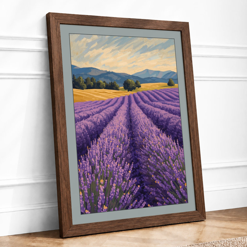 Lavender Fields at Golden Hour Landscape - Framed Print, Walnut, A4 - 29.7 x 21.0 cm