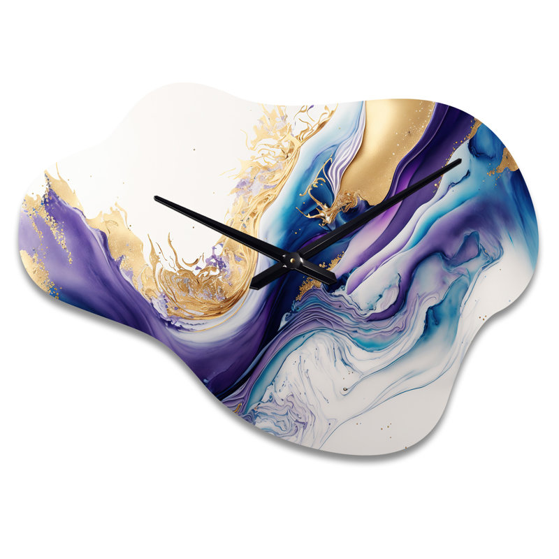 Ariyunna bleu, or et mauve Splash Paint III - horloge abstraite spirale en métal nuage, horloge murale asymétrique moderne