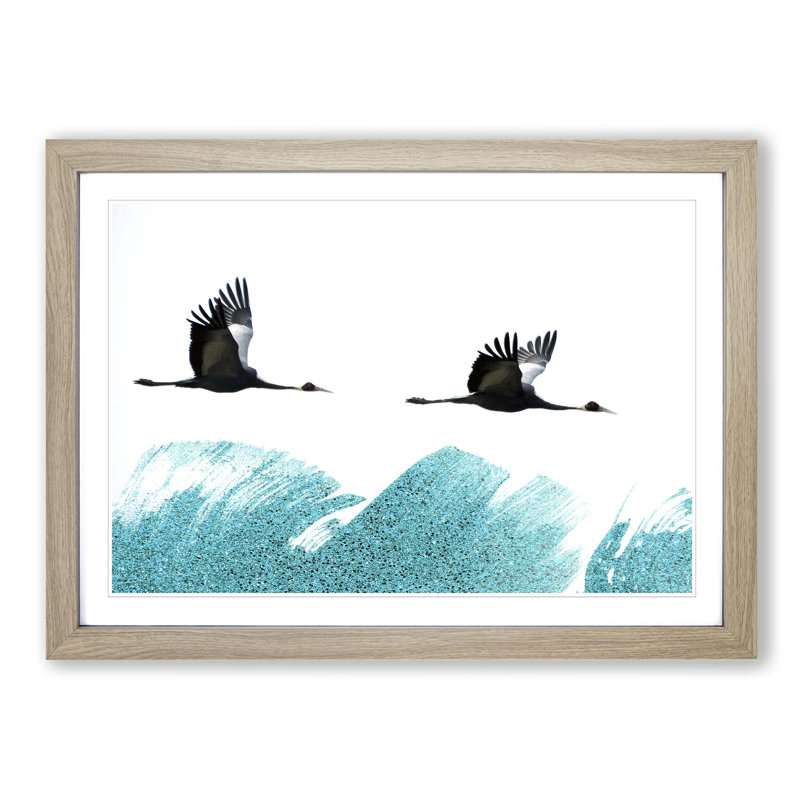 A Couple of Crane Birds Flying in Abstract - Picture Frame Painting Print on MDF, Oak Framed, 48cm H x 65cm W x 2cm D