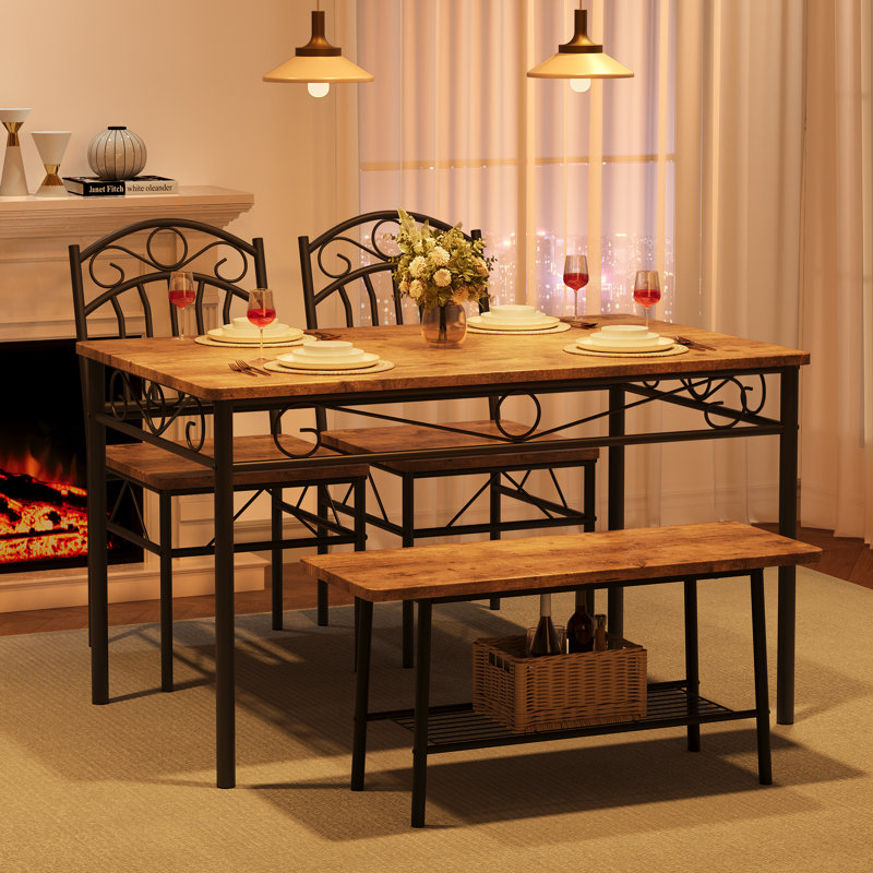 Ensemble de table de salle à manger pour 4 à 6 personnes, table de cuisine 4 pièces avec banc et chaises, petit ensemble de table de cuisine avec cadre en métal et support de rangement, ensemble de table de salle à manger moderne pour la salle à manger, appartement