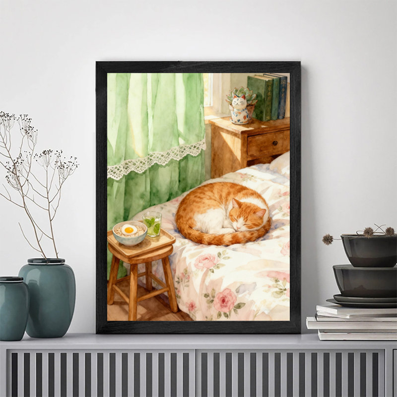Reproduction d'art encadré noir, rétro, chat chaud, thé d'après-midi, H 37 po x l 25 po