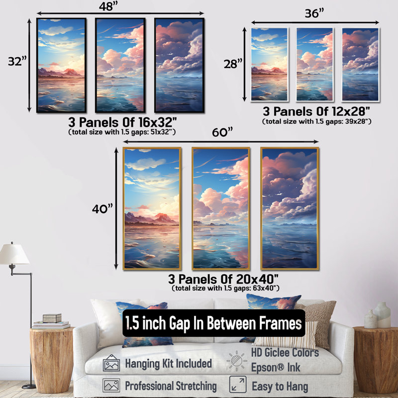 «Aqua Pastel Clouds Lansdcape», ensemble de reproduction d'art mural nuages, Cadre flottant blanc, H 40 po x l 60 po x P 1 po