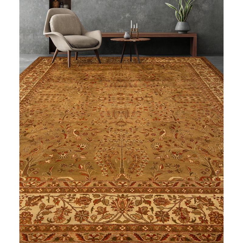 Tapis doré et beige de haute qualité noué à la main