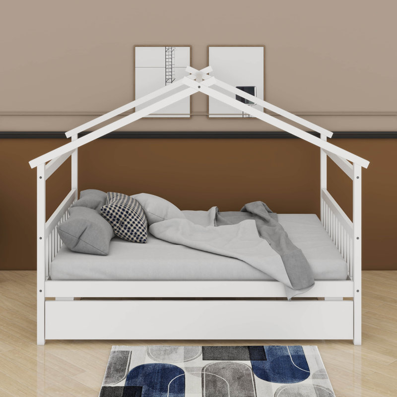 Lit double en bois avec lit gigogne, Blanc