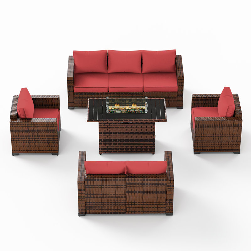 Azoriah 7-Person Wicker Outdoor Seating Group with Fire Pit Table, 26" H x 43.5" W x 28" D, Wine Red
