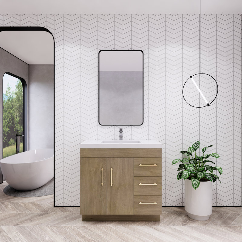 Meuble-lavabo autoportant avec lavabo en acrylique renforcé Eliza, Chêne blanc