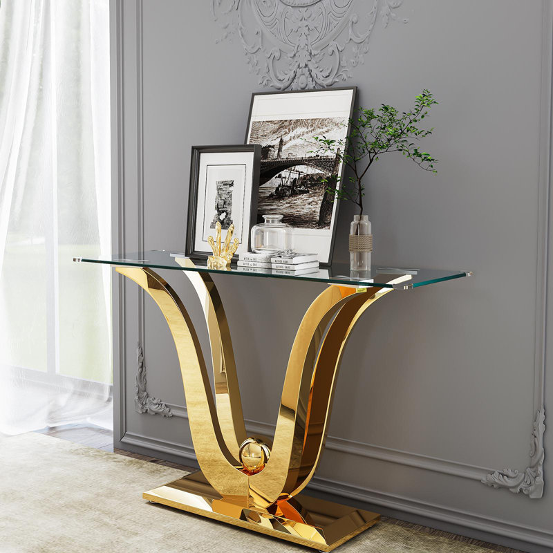Glass Top Console Table With Mirror Finish Stainless Steel Base, Silver