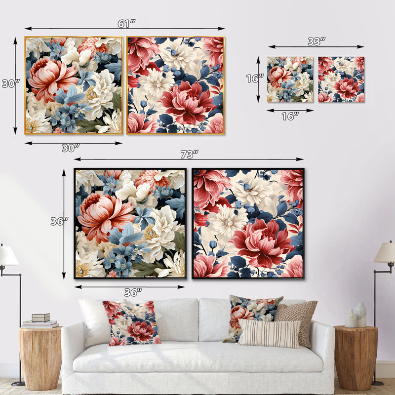 Pothier - Ensemble de 2 collages carrés floraux, Cadre flottant noir, H 16 po x l 33 po