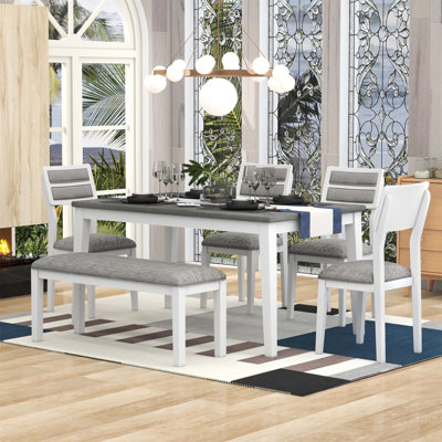 Ensemble de salle à manger 6 pièces de style classique et traditionnel, comprenant une table de salle à manger, 4 chaises rembourrées et un banc