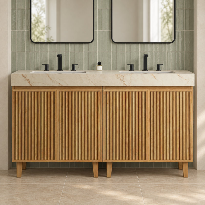 Meuble-lavabo simple LULA de 76 cm (30 po) d'aspect bois avec comptoir en pierre frittée couleur crème veinée or, 30"