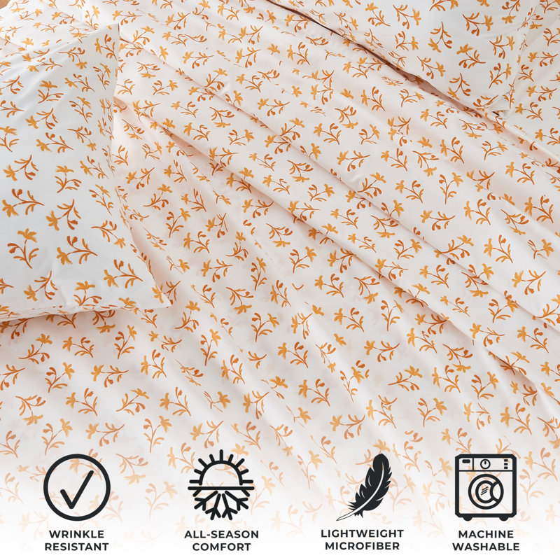 Twin Size White and Orange Floral Microfiber Sheet Set
