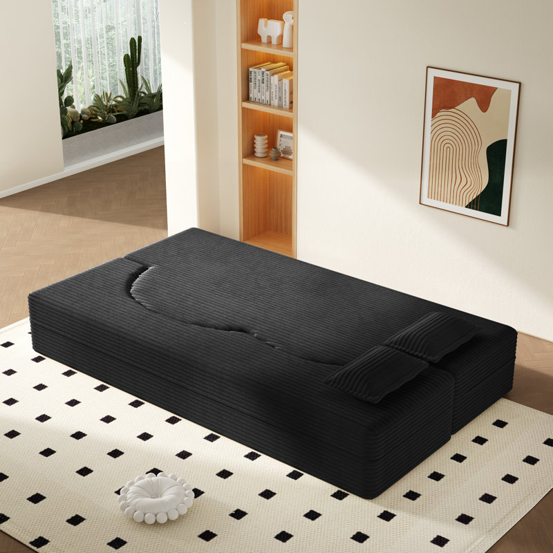Evren Boneless Modern Minimalist Compression Convertible Floor Sofa Bed with Pillows, Corduroy Black, 30" H x 78" W x 39.8" D