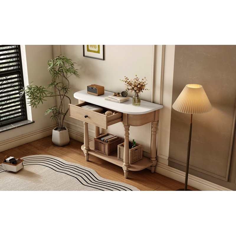 Console étroite avec coin incurvé, Beige, Blanc