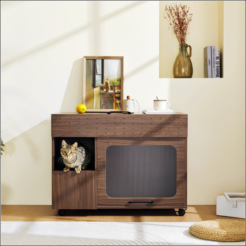 Enceinte de litière 2 en 1 multi-usage 2 en 1, table d'appoint moderne en noyer avec rangement, armoire latérale de buffet