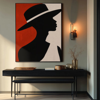 Très grand art mural imprimé sur tissu - Silhouette de femme élégante au chapeau à large bord pour le salon ou la chambre à coucher - «Assemblage requis du cadre (cadre non fini)»