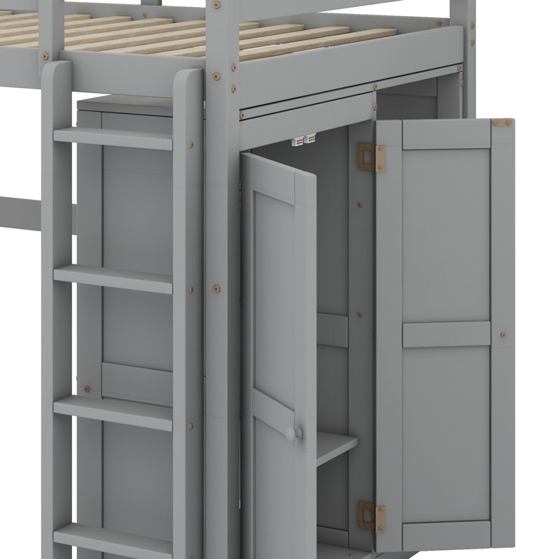 Lit mezzanine avec garde-robe intégré et tablettes de rangement, lumière DEL, Gris