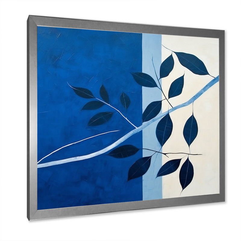 Silhouette de feuilles bleues saphir II, H 24 po x l 24 po x P 1 po, Cadre simple argenté