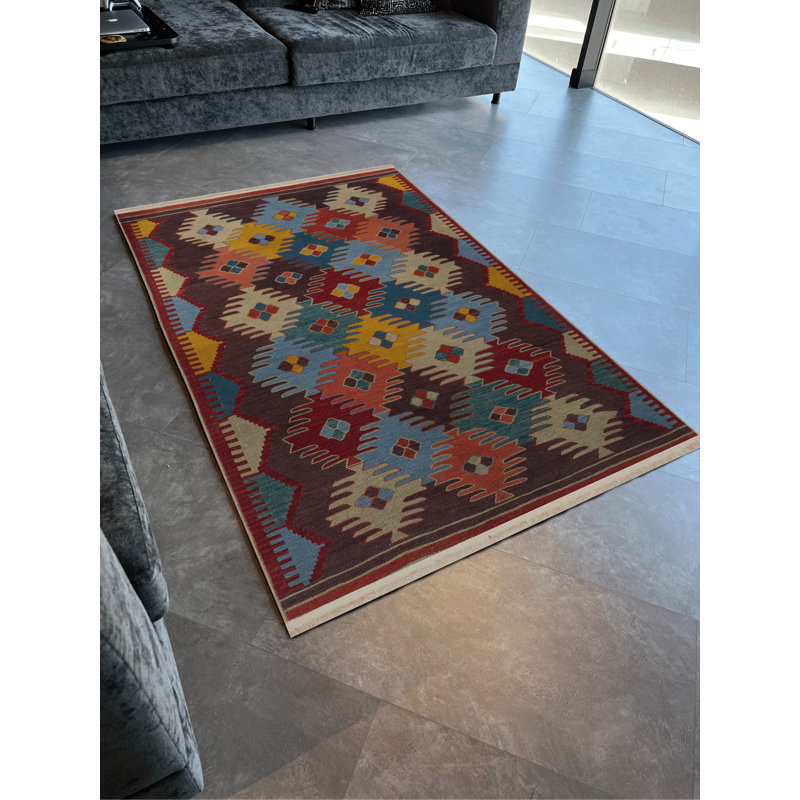 Tapis décoratif multicolore à motif géométrique à franges, Rectangle 4 pi 11 po x 9 pi 10 po