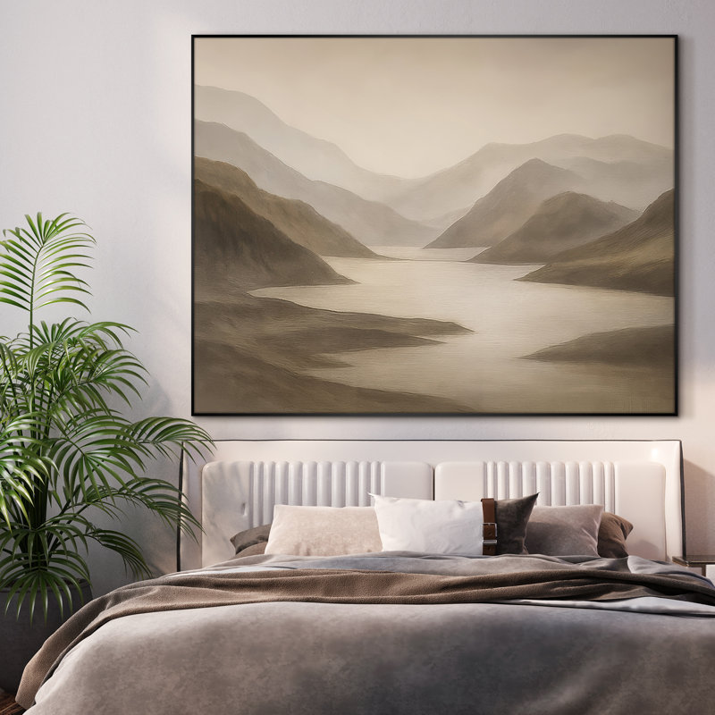 Extra Large Wall Art Fabric Print - Modern Neutral Abstract Landscape for Contemporary Home Artwork Decor for Living Room or Bedroom - "Frame Assembly Required (Unfinished Frame)"