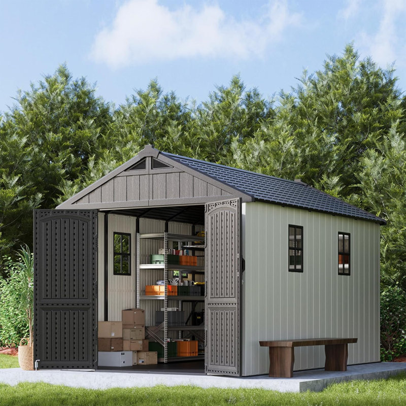 Plastic Outdoor Storage Shed With Floor, Resin Shed With Window And Lockable Door For Garden, Backyard, Tool Storage Use, Easy To Install In Beige