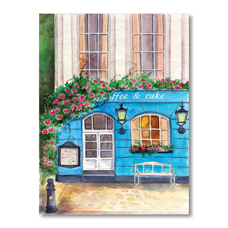 Cozy Blue Coffee Shop - Peinture sur toile, H 32 po x l 24 po, Toile tendue