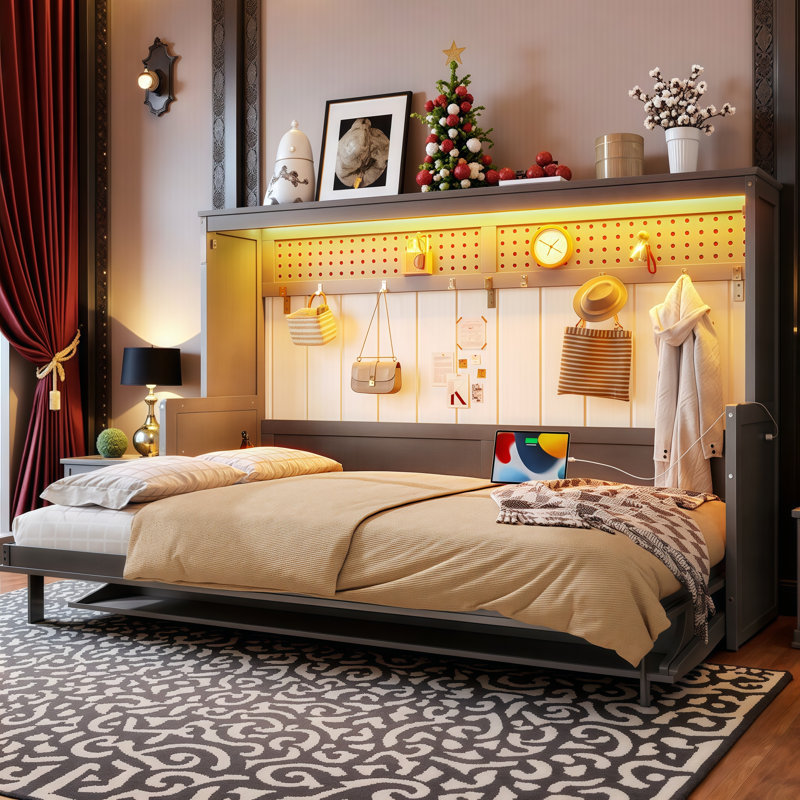 Lit escamotable double avec bureau intégré, charge USB et lumières DEL - Lit mural peu encombrant pour les petites pièces, les bureaux à domicile et les espaces invités