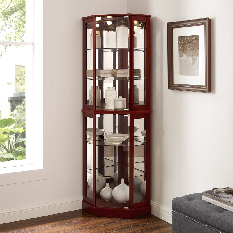 Vitrine de coin à 6 tablettes avec lumières, miroirs et tablettes réglables, cerisier (ampoule E26 non incluse), Cerisier