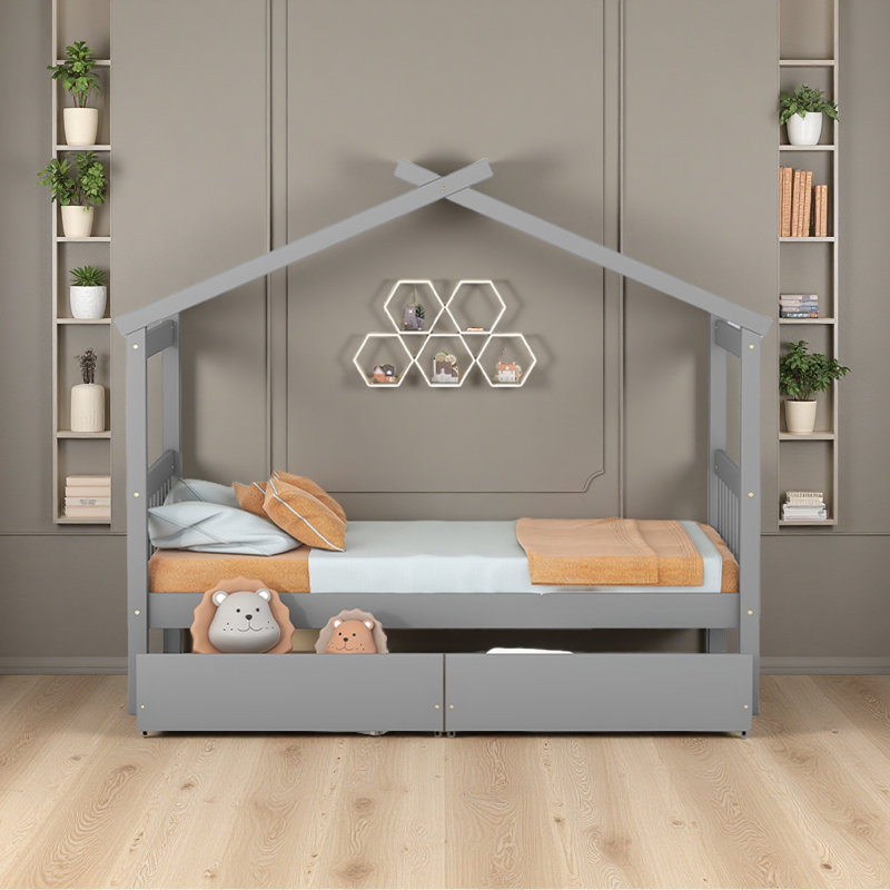 Lit en bois avec tiroirs, Gris, Lit simple