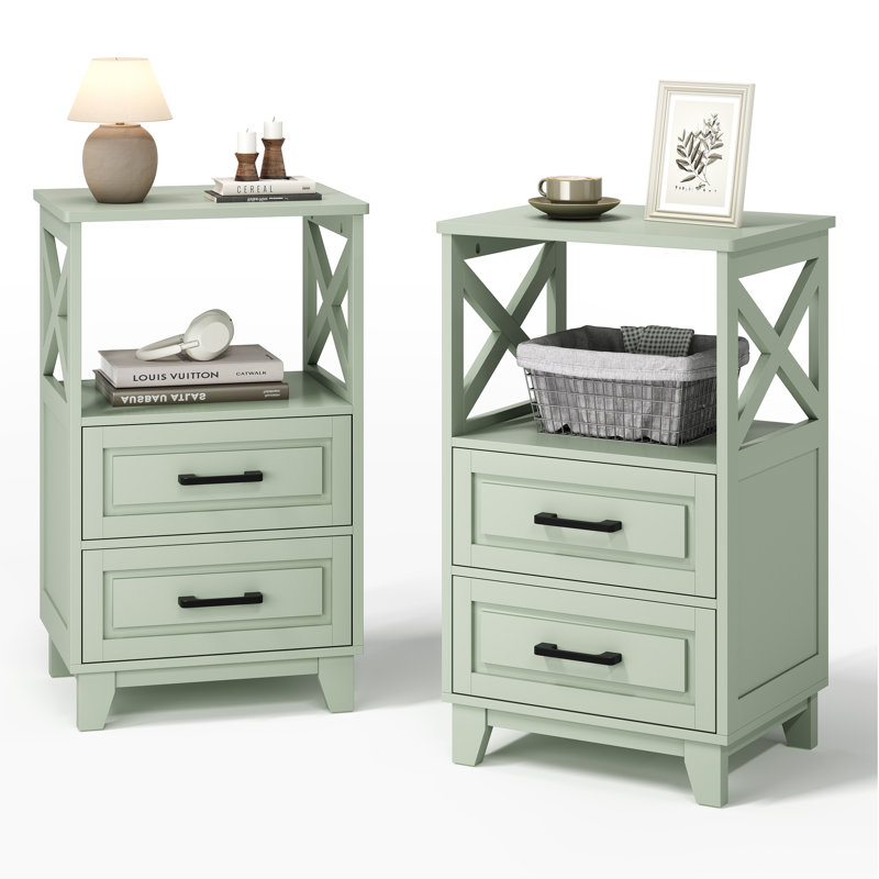 Marnae 2-Drawer Wood Nightstand, Set of 2, Green