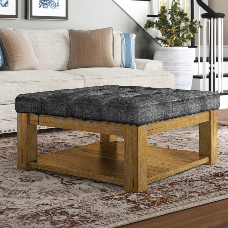 Arthuro Upholstered Ottoman, Pewter Grey Linen, Natural