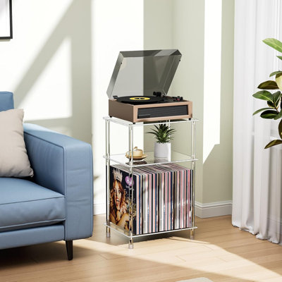 Support pour tourne-disque en acrylique transparent avec rangement en vinyle, petite table tournante latérale à 3 niveaux avec tablette pour album, table de chevet moderne pour le salon et la chambre à coucher
