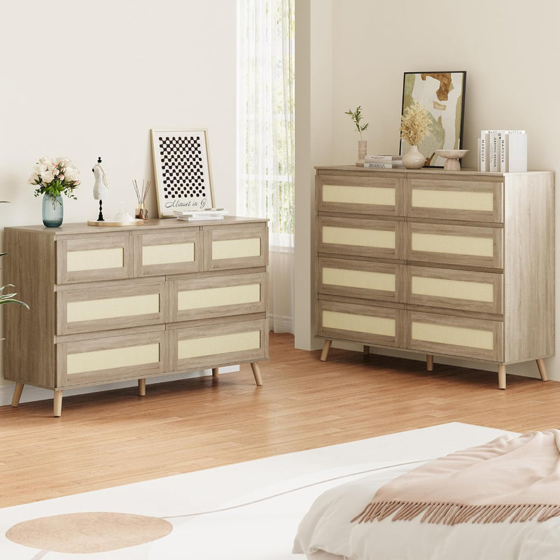 Commode à 7 tiroirs en rotin - Commode moderne avec pieds en bois pour la chambre à coucher, le salon, la chambre de bébé ou le vestibule, 47,2 po de largeur