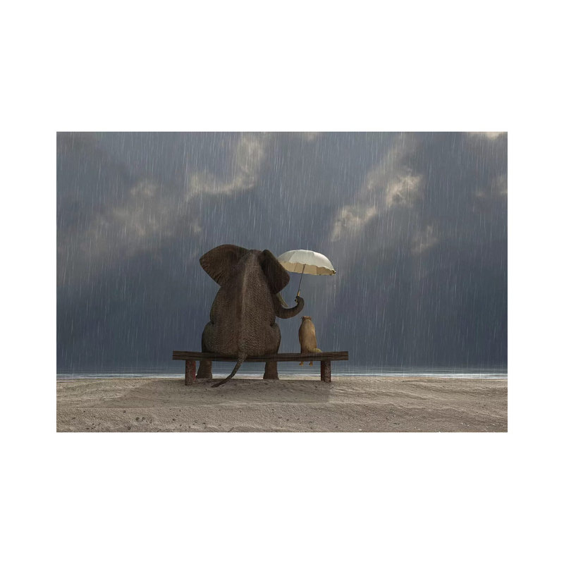Reproduction d’art, "Elephant and Dog sit Under the Rain" par Mike Kiev, H 26 po x l 40 po x 1,5 po, Toile tendue, Aucun mat