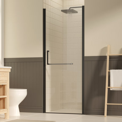 29 à 30 po X P 72 po H Porte de douche pivotante sans cadre, porte de douche en verre trempé transparent réversible noir mat avec film antidéflagrant | Idée de cadeau