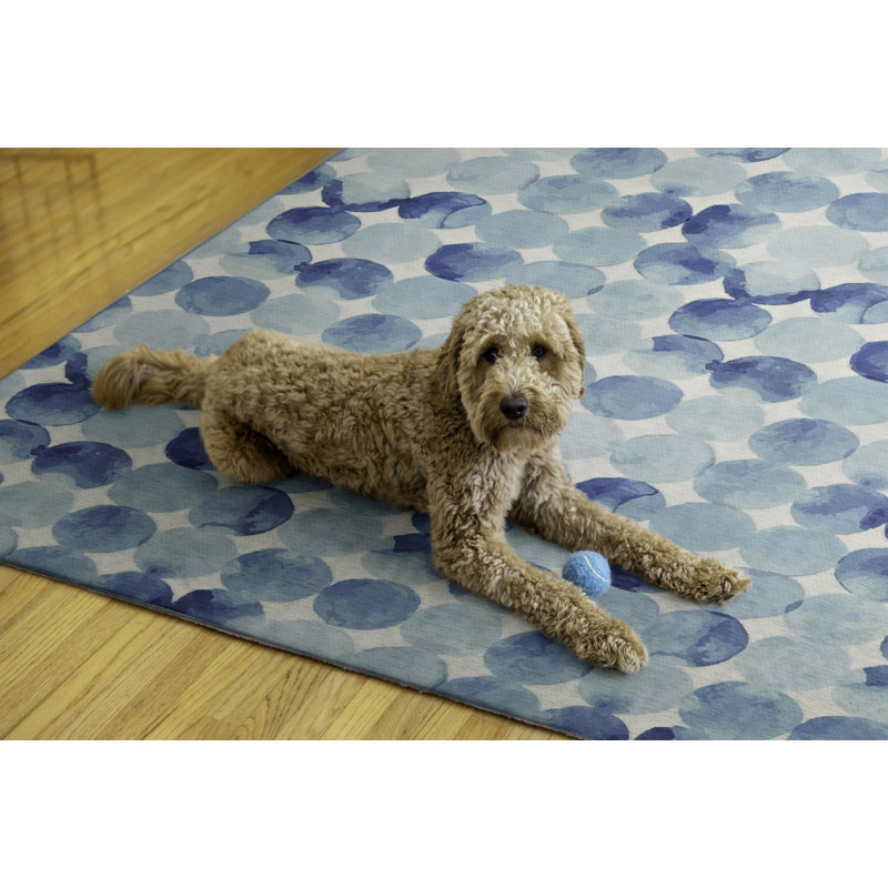 Kirrily Watercolor Circle Blue and Ivory Indoor Outdoor Machine Washable Area Rug, Rectangle 7' x 9'