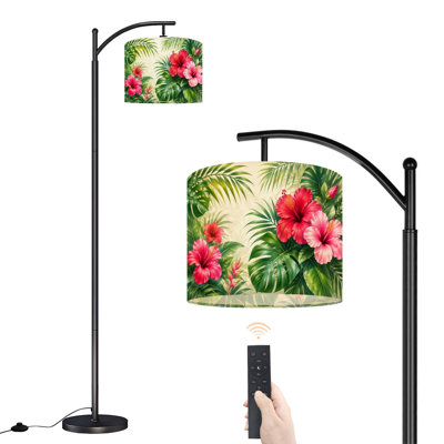 Lampe sur pied avec abat-jour réglable, motif de fleurs d'hibiscus, 3 températures de couleur, intensité variable, lampe sur pied avec interrupteur au pied pour chambre à coucher