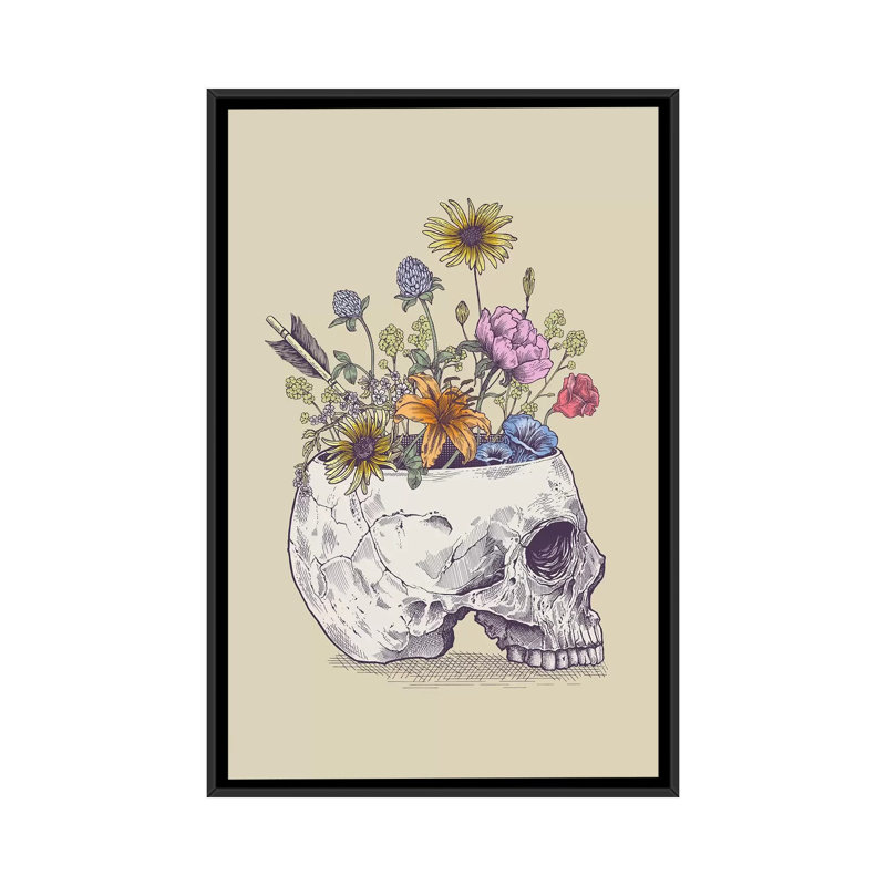 « half crâne floral », impression sur toile, H 26 po x l 18 po x P 1,5 po, Toile avec cadre noir, Pas de tapis